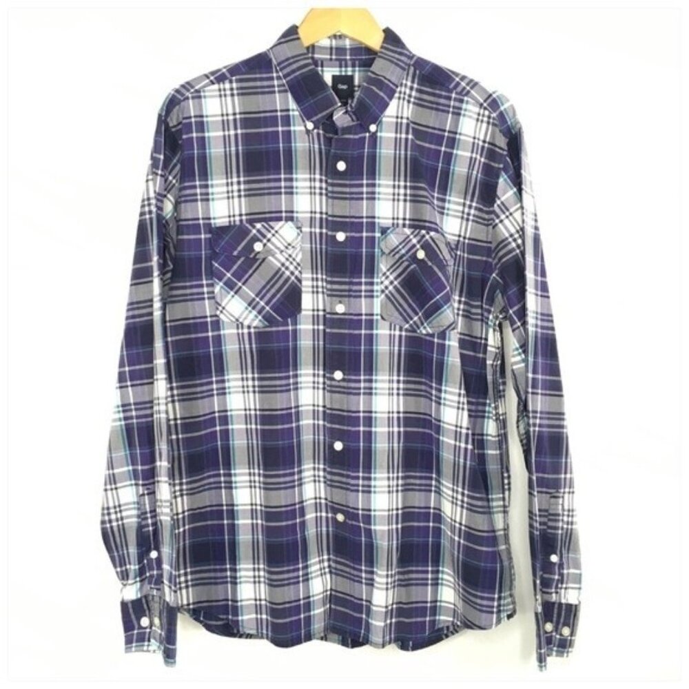 GAP Plaid Button Down Shirt Men Size Large Casual Long Sleeve Blue Purpley2k